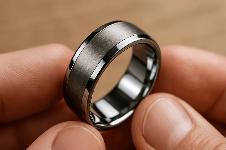 Close-up of a tungsten ring showing high-quality craftsmanship Close-up of a tungsten ring showing high-quality craftsmanship