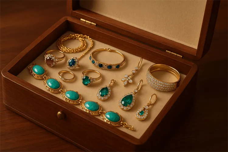 Elegant jewelry box with crafted pieces inside. Elegant jewelry box with crafted pieces inside.