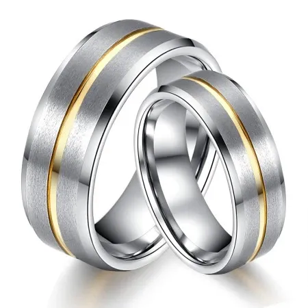 Silver wedding band set with a central gold stripe