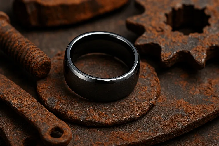 Tungsten ring contrasted with rusted metal Tungsten ring contrasted with rusted metal