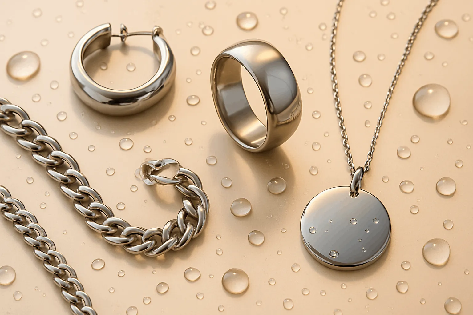 Shiny stainless steel jewelry with water droplets.