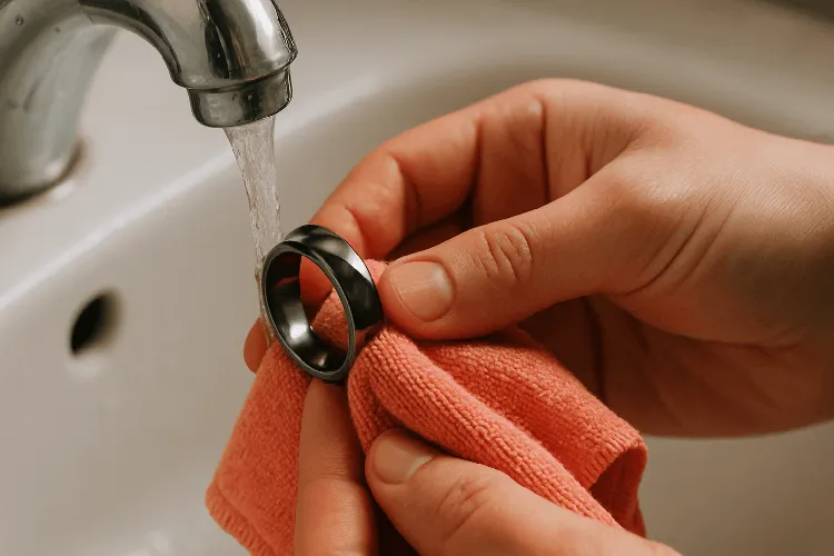 Rinsing and drying the tungsten ring to restore its shine. Rinsing and drying the tungsten ring to restore its shine.