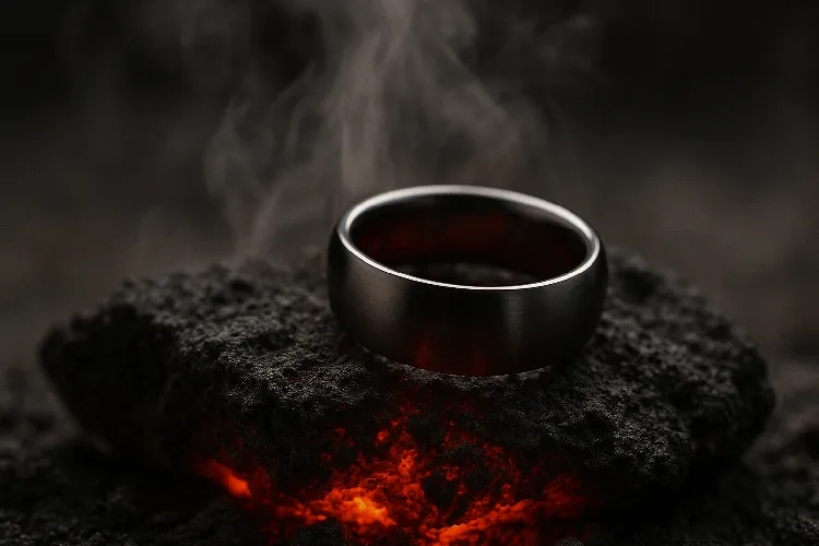 Tungsten ring on hot rock showing heat resistance Tungsten ring on hot rock showing heat resistance