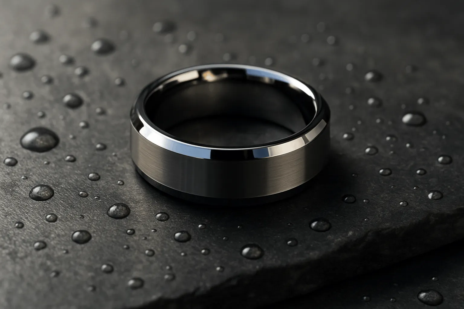 Tungsten wedding ring on black stone with water droplets