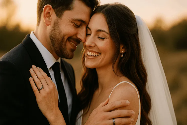 Couple wearing tungsten wedding rings, celebrating love and durability Couple wearing tungsten wedding rings, celebrating love and durability
