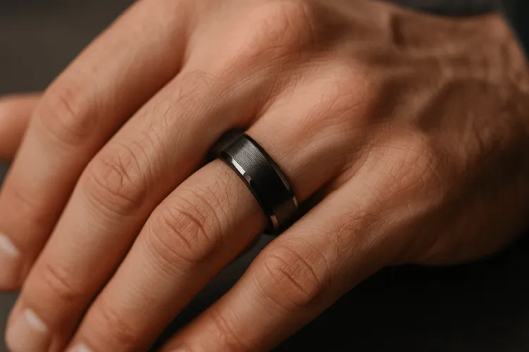 Tungsten ring on hand symbolizing strength and elegance. Tungsten ring on hand symbolizing strength and elegance.