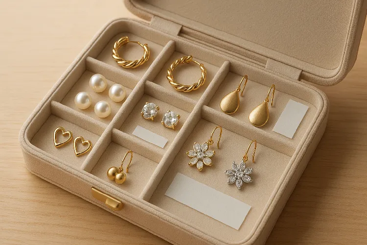 Organized jewelry box with anti-tarnish strips for ear accessories care