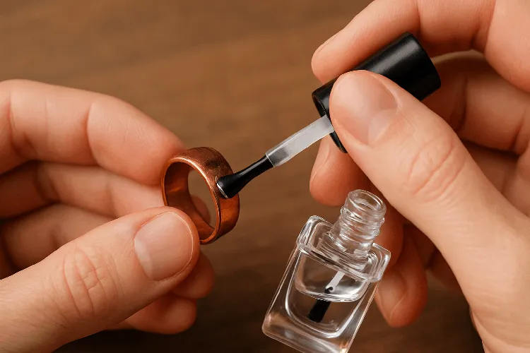 Applying protective clear nail polish on copper jewelry. Applying protective clear nail polish on copper jewelry.