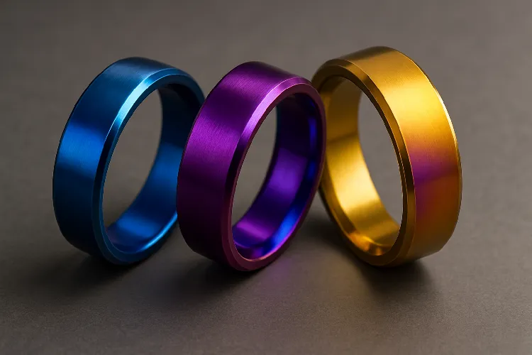 Vibrantly colored anodized titanium rings in blue, purple, and gold.