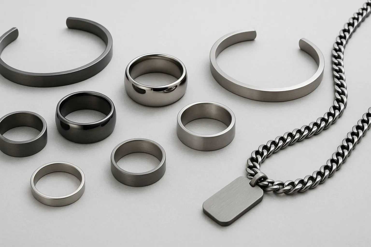 Elegant collection of titanium jewelry showcasing rings, bracelets, and necklaces.