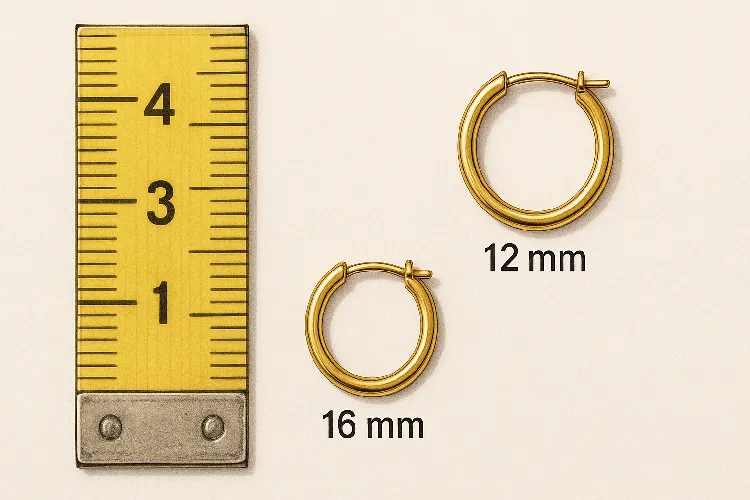 Measuring tape comparing 12mm and 16mm earrings for size clarity. Measuring tape comparing 12mm and 16mm earrings for size clarity.