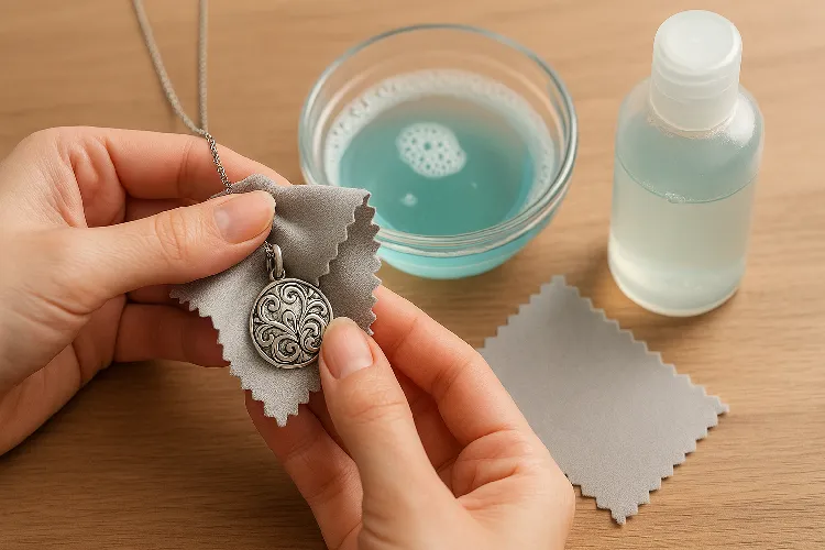 Silver jewelry care methods, demonstrating how to clean and maintain silver jewelry.