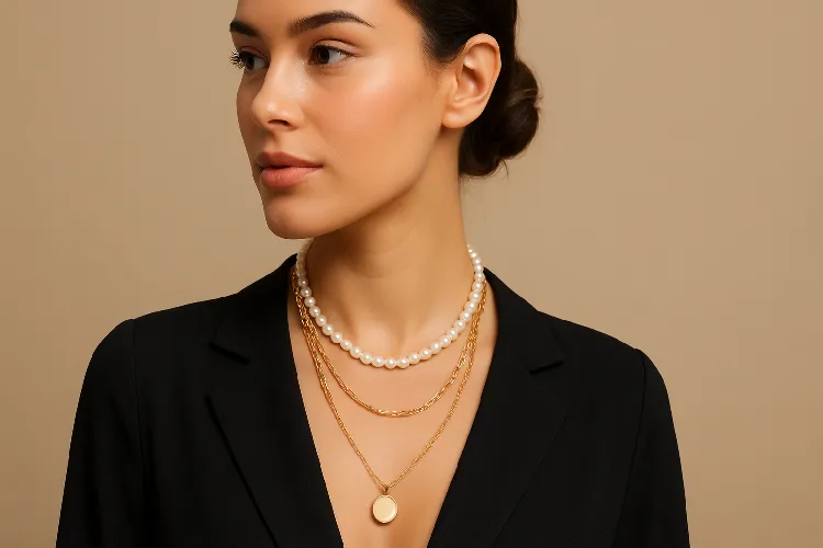 Layered necklaces worn with varying lengths to prevent tangling. Layered necklaces worn with varying lengths to prevent tangling.
