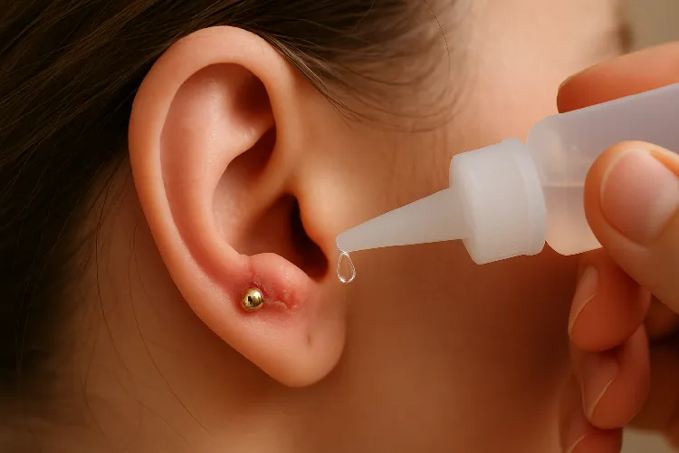 Applying saline solution to a healing ear piercing. Applying saline solution to a healing ear piercing.