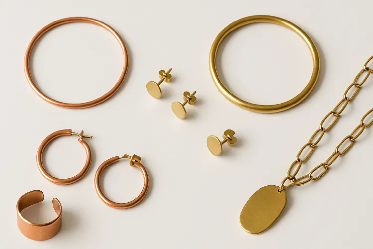 Elegant display of copper and brass jewelry, ideal for various styles. Elegant display of copper and brass jewelry, ideal for various styles.