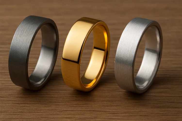 Comparison of titanium, gold, and silver rings.