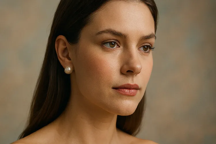 Woman with pearl earrings, showcasing natural elegance Woman with pearl earrings, showcasing natural elegance