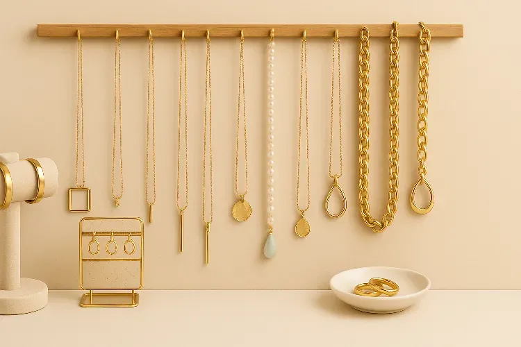 Organized necklaces in a well-kept jewelry display. Organized necklaces in a well-kept jewelry display.