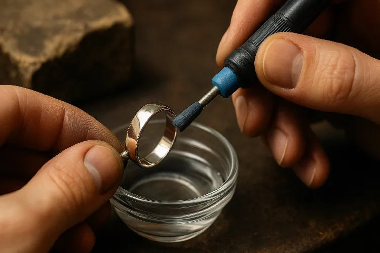 Jeweler restoring silver-plated ring with new coating Jeweler restoring silver-plated ring with new coating