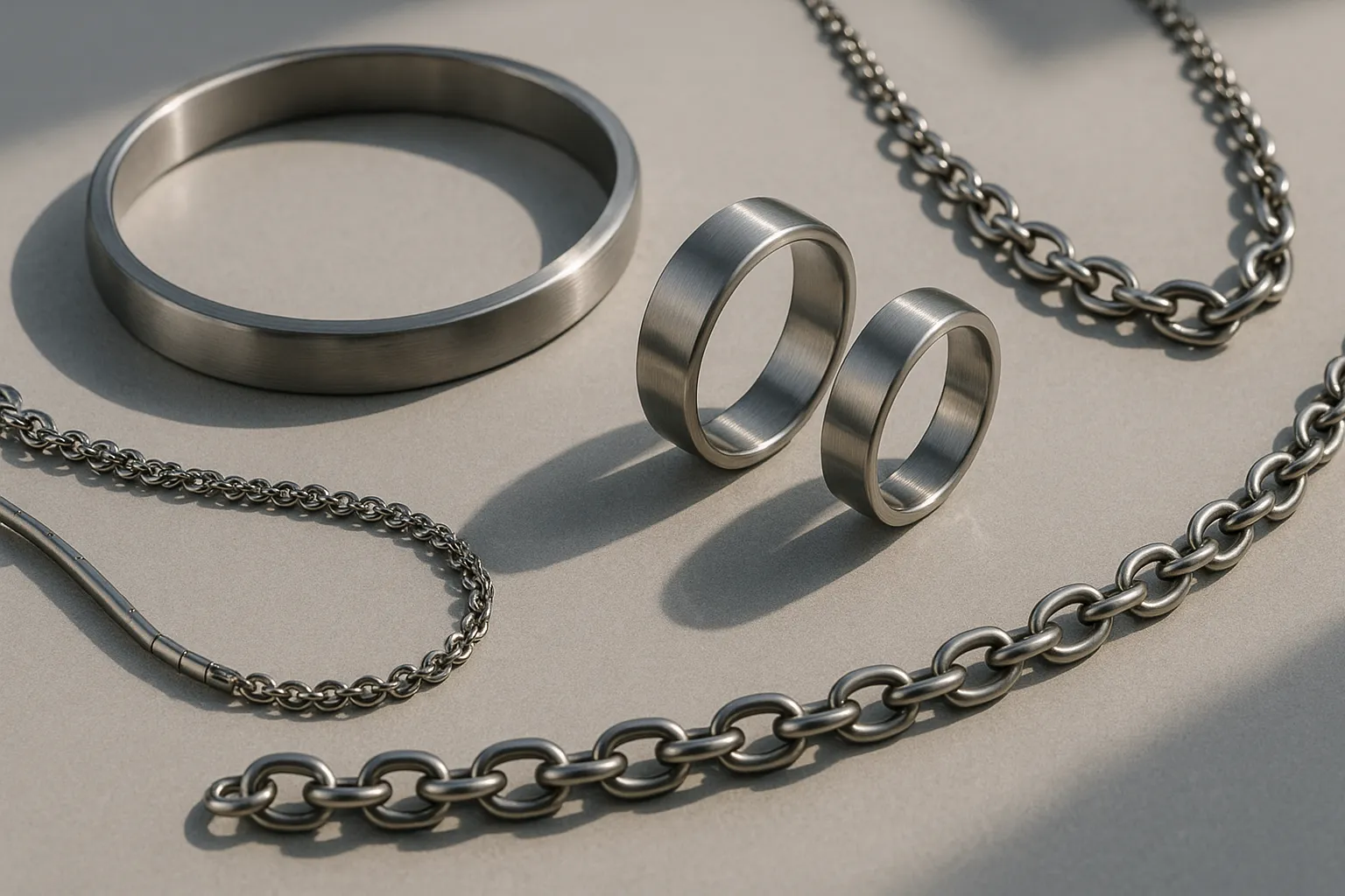 Titanium jewelry collection featuring rings, bracelets, and necklaces.