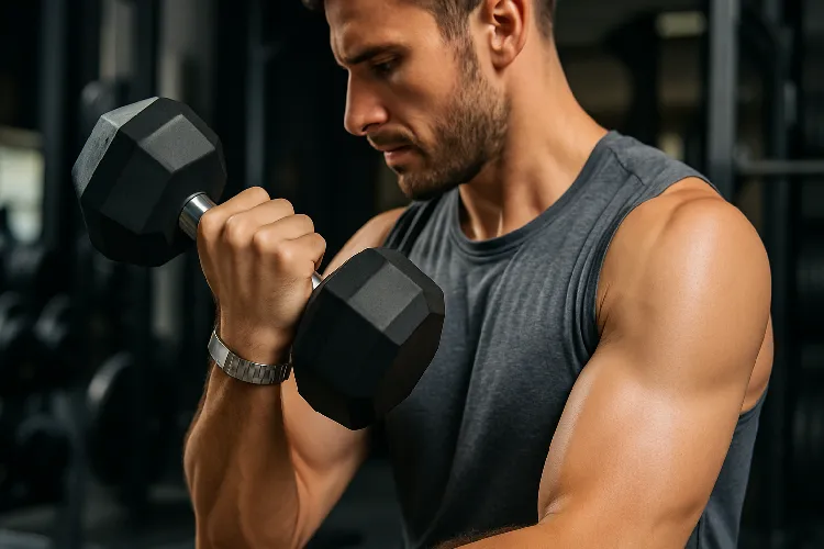 Titanium bracelet worn by a fitness enthusiast.