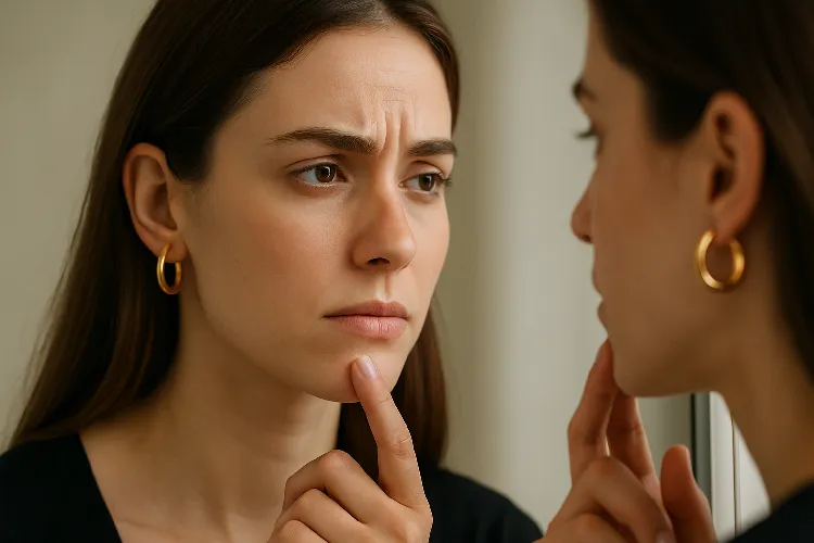 Model considering which size of earrings fits their style: 12mm vs 16mm Model considering which size of earrings fits their style: 12mm vs 16mm