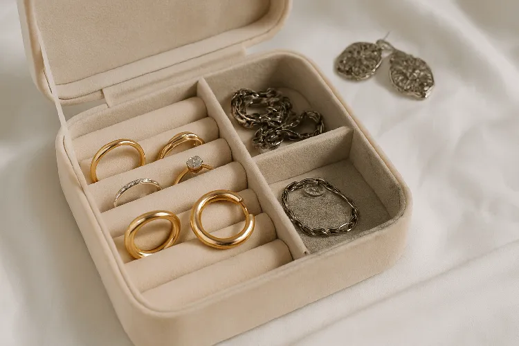 Jewelry box with shiny, untarnished rings and bracelets ready for wear. Jewelry box with shiny, untarnished rings and bracelets ready for wear.