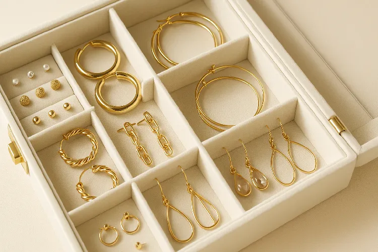 Elegant, organized earring collection showcasing efficiency, care, and aesthetic appeal Elegant, organized earring collection showcasing efficiency, care, and aesthetic appeal