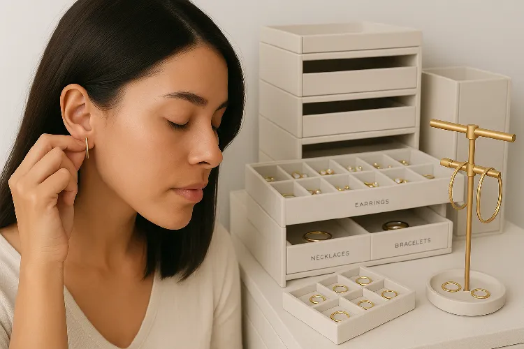 Organizing earrings with modular trays and stylish storage solutions. Organizing earrings with modular trays and stylish storage solutions.