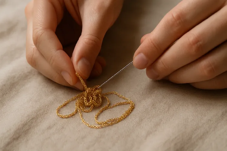 Gently untangling a gold necklace using a needle. Gently untangling a gold necklace using a needle.