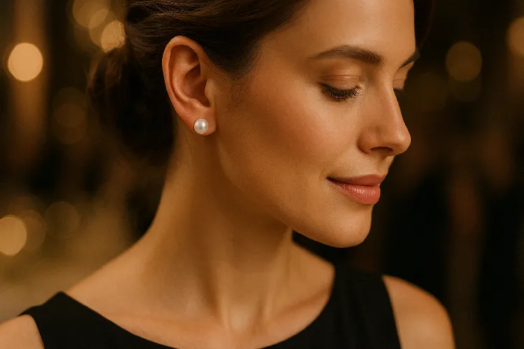 Person wearing 8-9mm pearl earrings at an elegant event. Person wearing 8-9mm pearl earrings at an elegant event.
