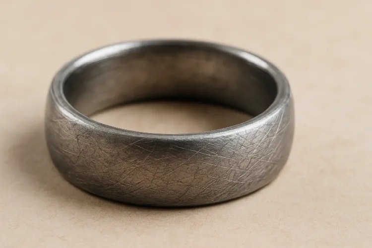 Surface scratches on a titanium ring showing wear.