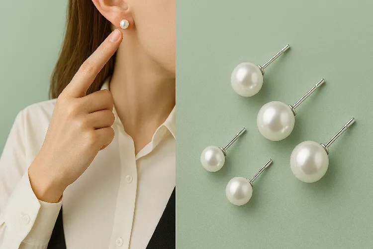 Pearl earrings of various sizes, paired with outfits for different occasions. Pearl earrings of various sizes, paired with outfits for different occasions.