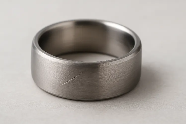 Titanium ring showing slight scratches, emphasizing durability.