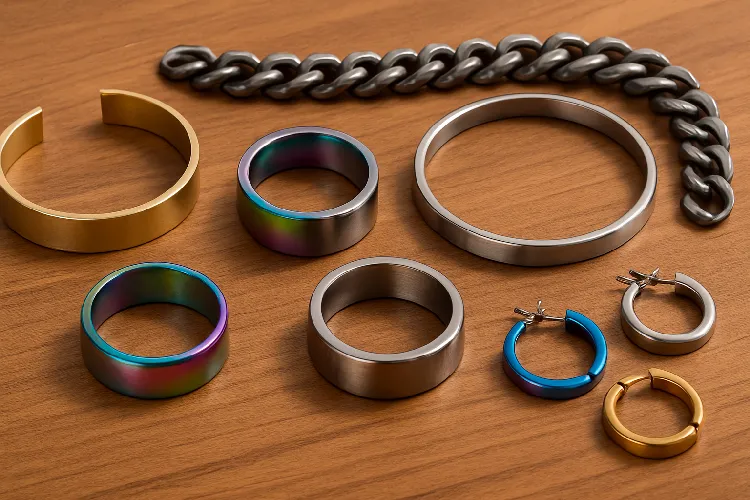 Solid, plated, and anodized titanium jewelry on a wooden surface.