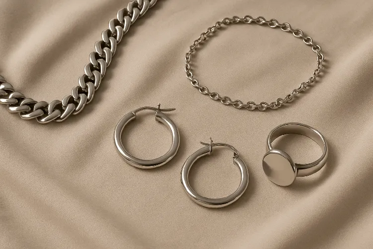 Stainless steel jewelry laid out on soft fabric Stainless steel jewelry laid out on soft fabric