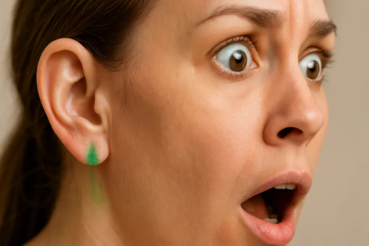 Green stain on ear from alloy earrings, unexpected discoloration