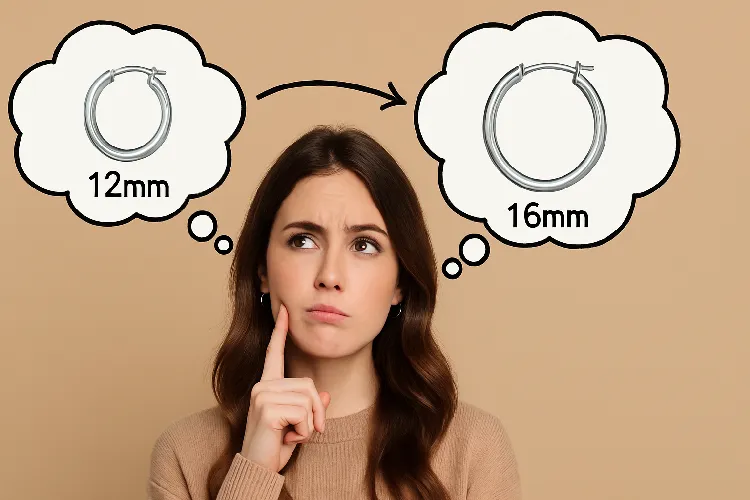 Model choosing between 12mm and 16mm earrings to match personal style. Model choosing between 12mm and 16mm earrings to match personal style.