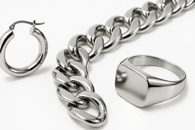 Stylish woman showcasing durable stainless steel jewelry Stylish woman showcasing durable stainless steel jewelry