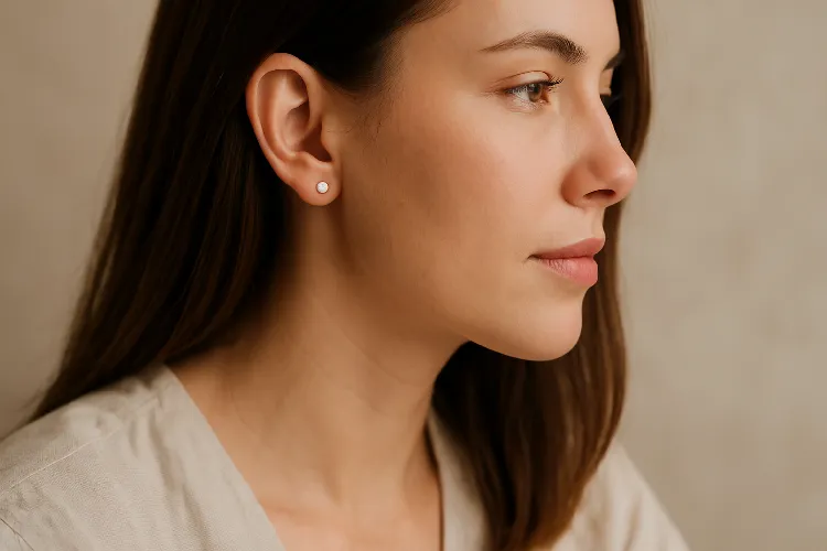 Woman wearing delicate 6mm earrings in a casual setting. Woman wearing delicate 6mm earrings in a casual setting.