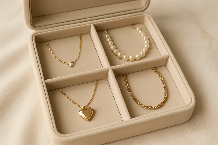 Neatly stored necklaces in a jewelry box. Neatly stored necklaces in a jewelry box.