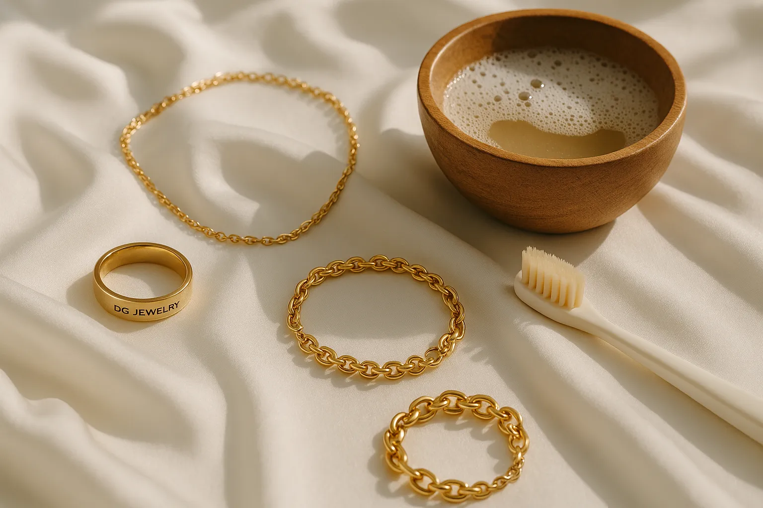 Colored jewelry and care items are displayed on silk cloth
