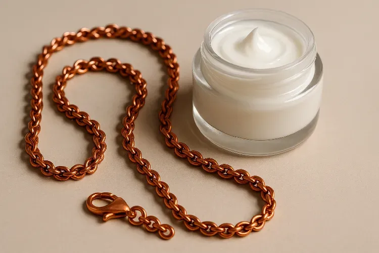 Copper jewelry known for its anti-aging and skin health benefits, paired with skincare products Copper jewelry known for its anti-aging and skin health benefits, paired with skincare products