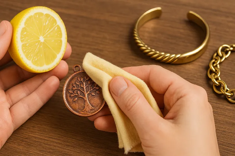 Cleaning copper jewelry with natural solutions and polishing brass for shine. Cleaning copper jewelry with natural solutions and polishing brass for shine.