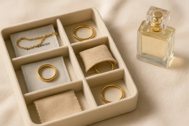 Divided jewelry storage box, next to the perfume bottle, remind to avoid contact. Divided jewelry storage box, next to the perfume bottle, remind to avoid contact.