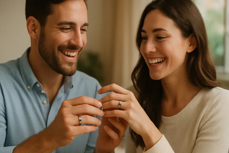 Couple exchanging titanium wedding bands.