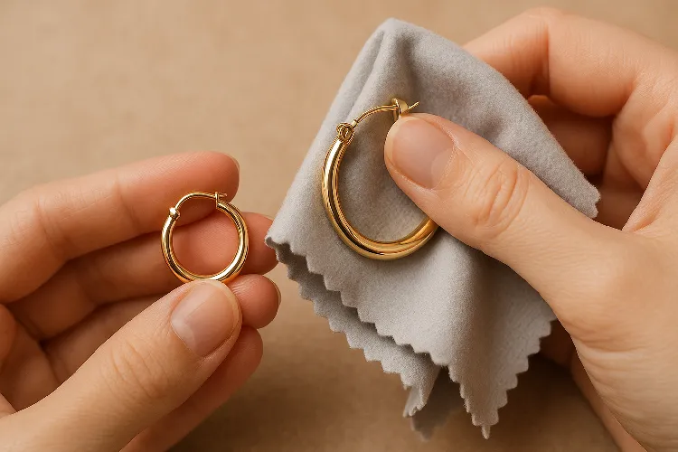 Cleaning and maintaining earrings with a soft cloth for longevity. Cleaning and maintaining earrings with a soft cloth for longevity.