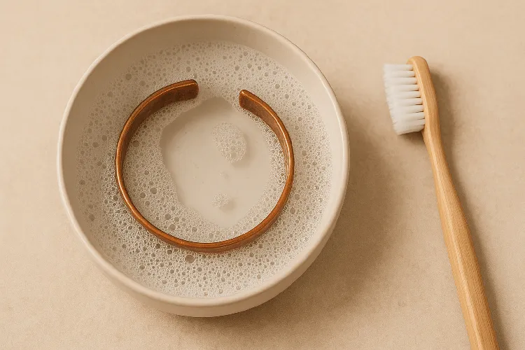 Soaking copper jewelry in soapy water for light cleaning. Soaking copper jewelry in soapy water for light cleaning.