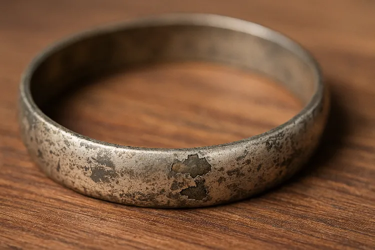 Tarnished silver-plated bracelet with wear signs. Tarnished silver-plated bracelet with wear signs.