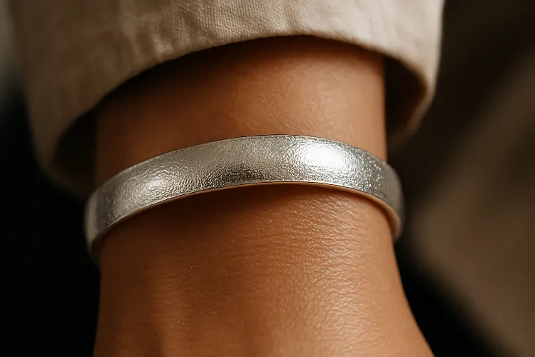 Close-up of silver-plated bracelet showcasing shine. Close-up of silver-plated bracelet showcasing shine.